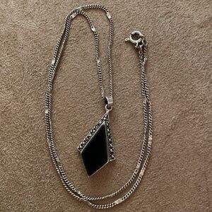 Vintage Sterling Silver Necklace with Marcasite and Onyx Pendant
